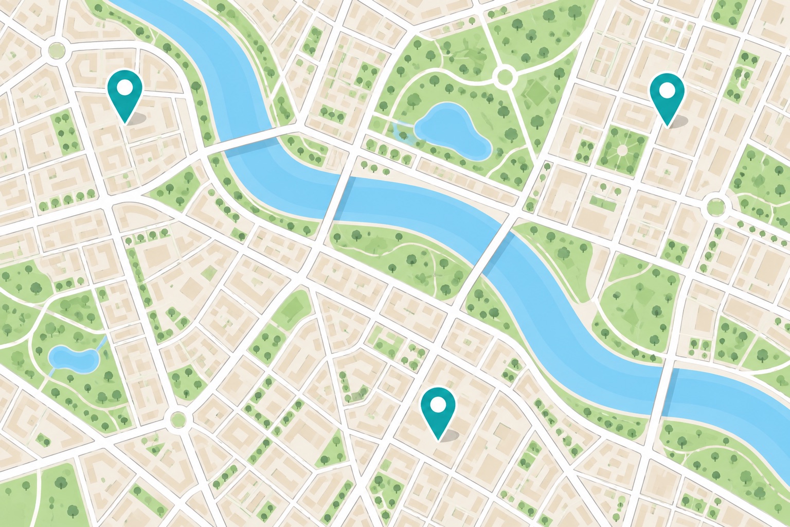 Street map with parks, a river and location pins